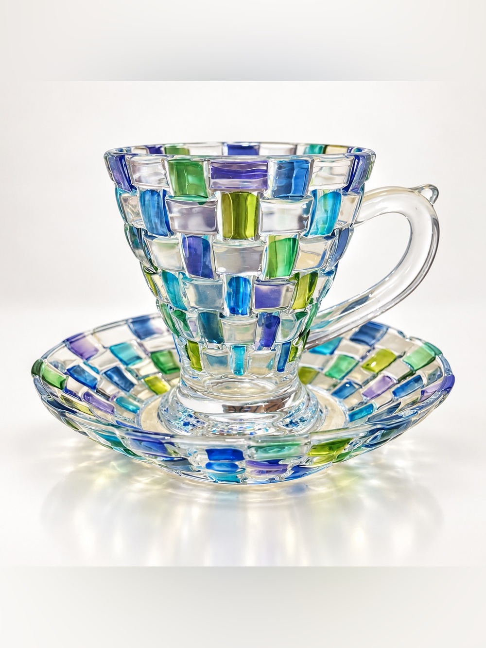 Vintage Handcrafted Mosaic Glass Cup & Saucer in Blue, Green, Purple